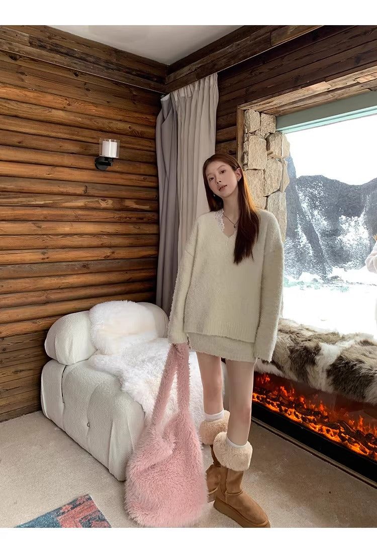 Cloud V-neck Knit Skirt Two-piece