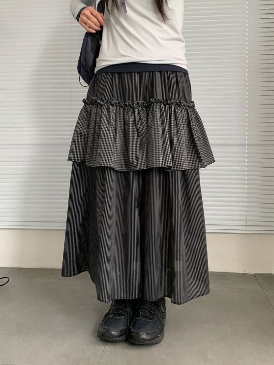 BAON（バオン）の「Handad Frill Check Banding Long Skirt（Skirts）」