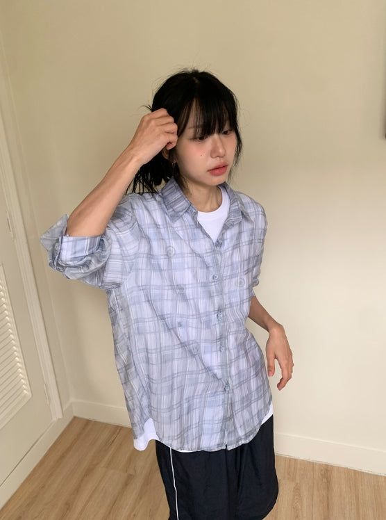 BAON（バオン）の「リム サマー ルーズフィット シースルー チェック シャツ（トップス）」