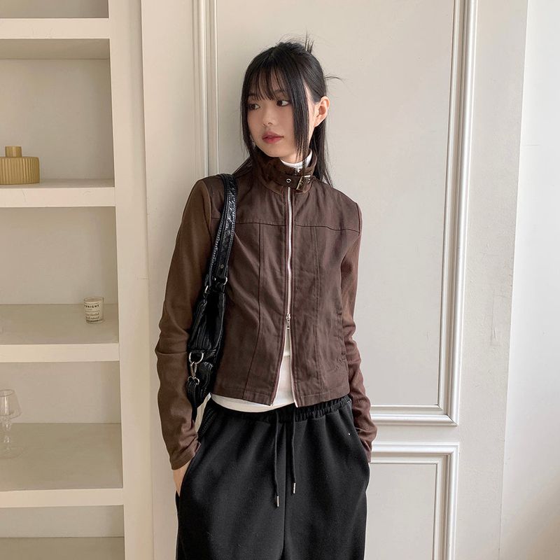 Tatter ribbed coloring belt two-way crop zip-up jacket