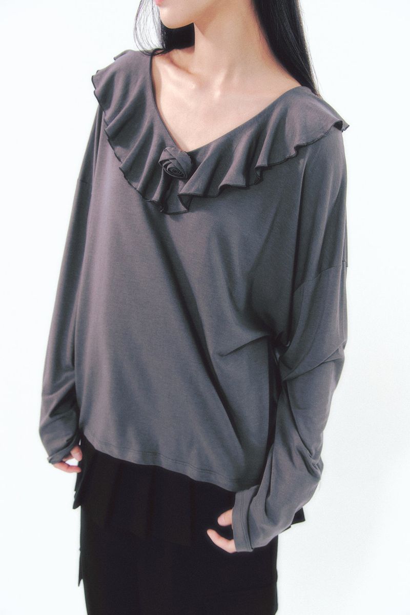 Rose Brooch Frill Long Sleeve Charcoal
