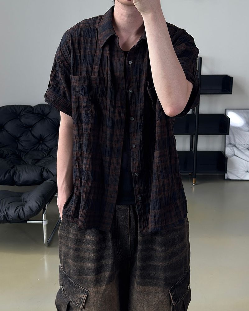 Embossed Texture Check Roll-Up Shirt