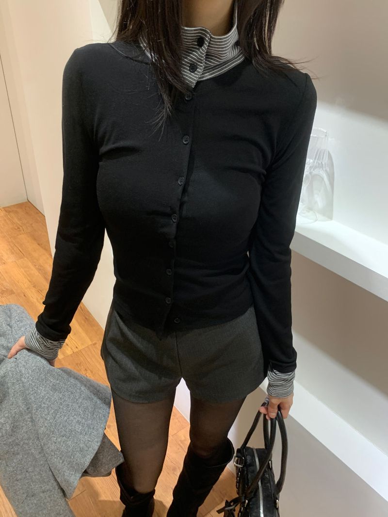 Mono High-neck Button Stripe Contrast Long Sleeve Top