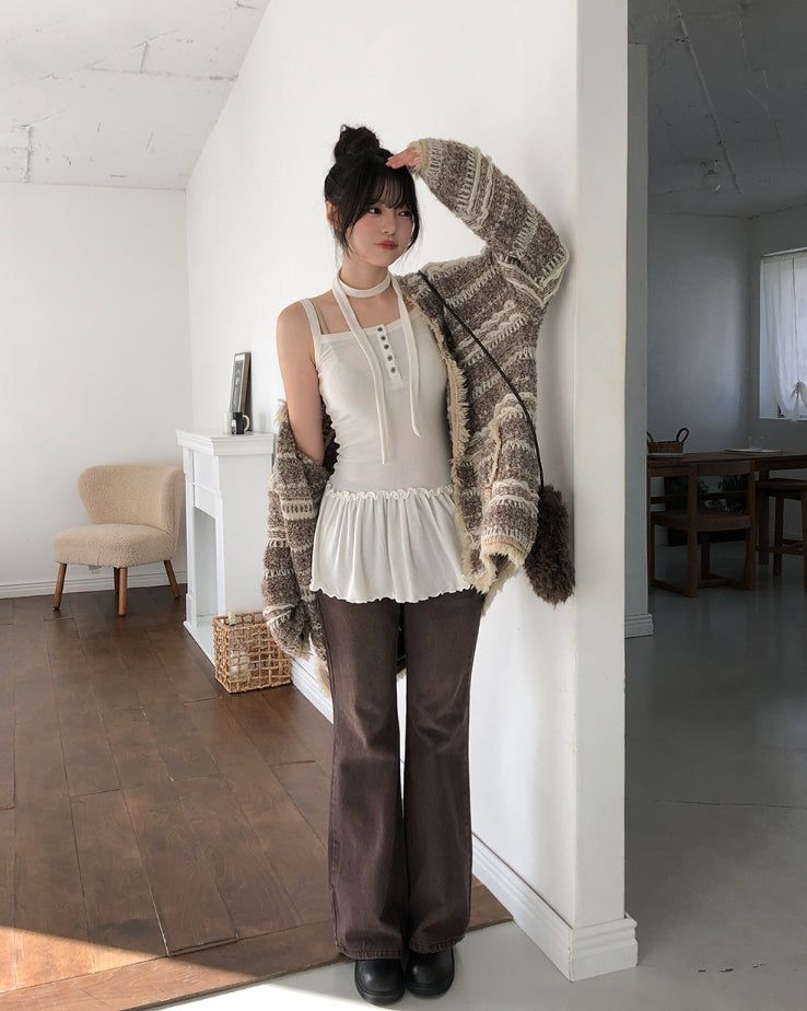 Tiz Button Ruffle Layered Sleeveless Scarf Set