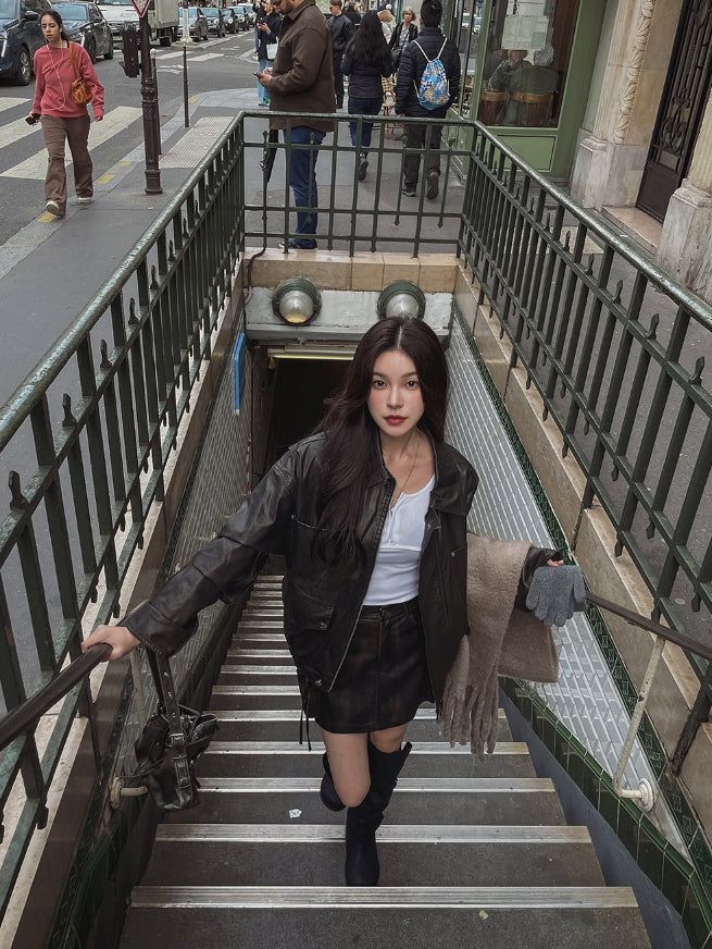 Teen vintage puffer work leather jacket