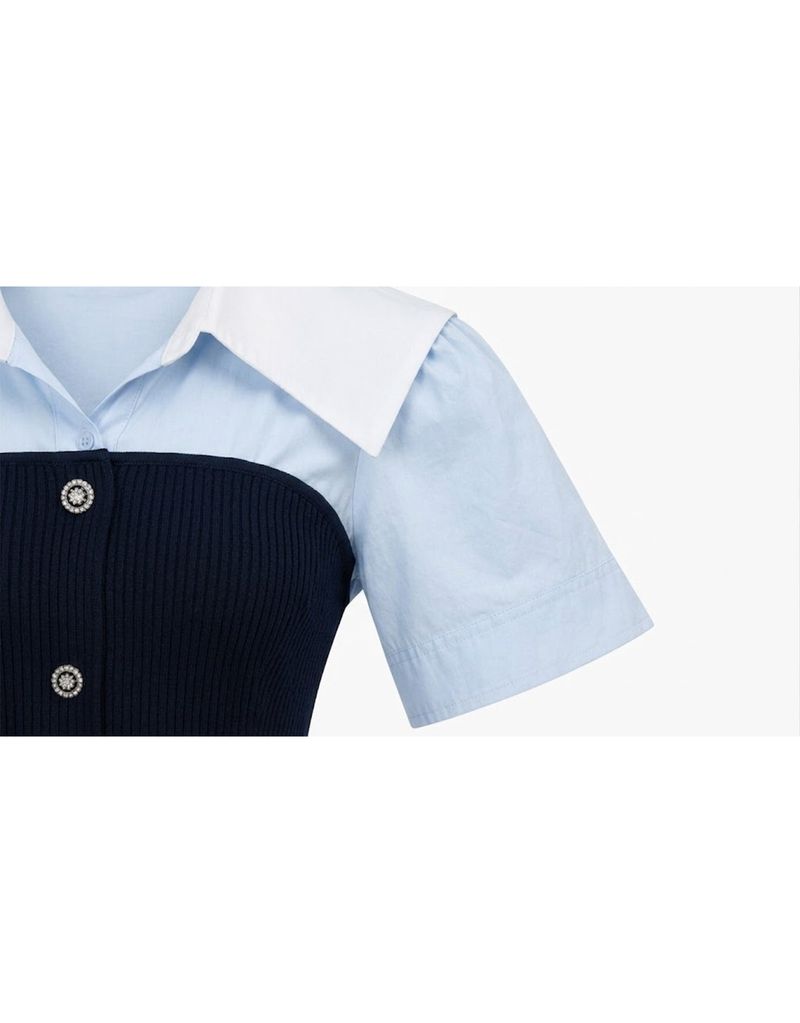 Julie Ribbed Button Bustier Layered Blouse Skyblue