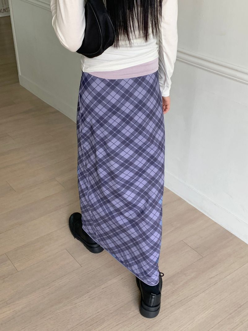 Shabin Vintage Y2K Check Pattern Ribbon Long Skirt