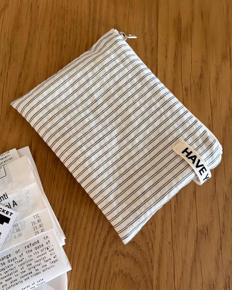 Cotton stripe flat pouch - ivory , S size