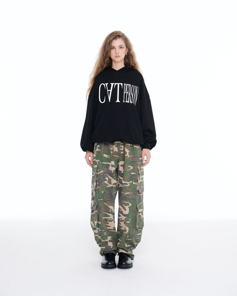 [IBC22UHD04BK] CAT PERSON LETTERING HOODIE - BLACK
