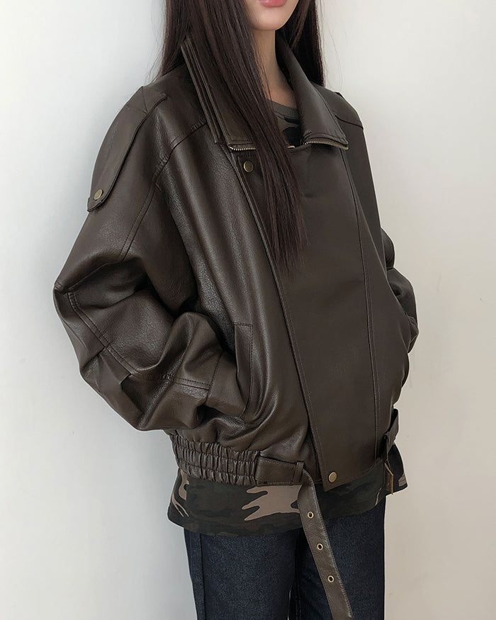 Noem Collar Oversized Leather Jacket