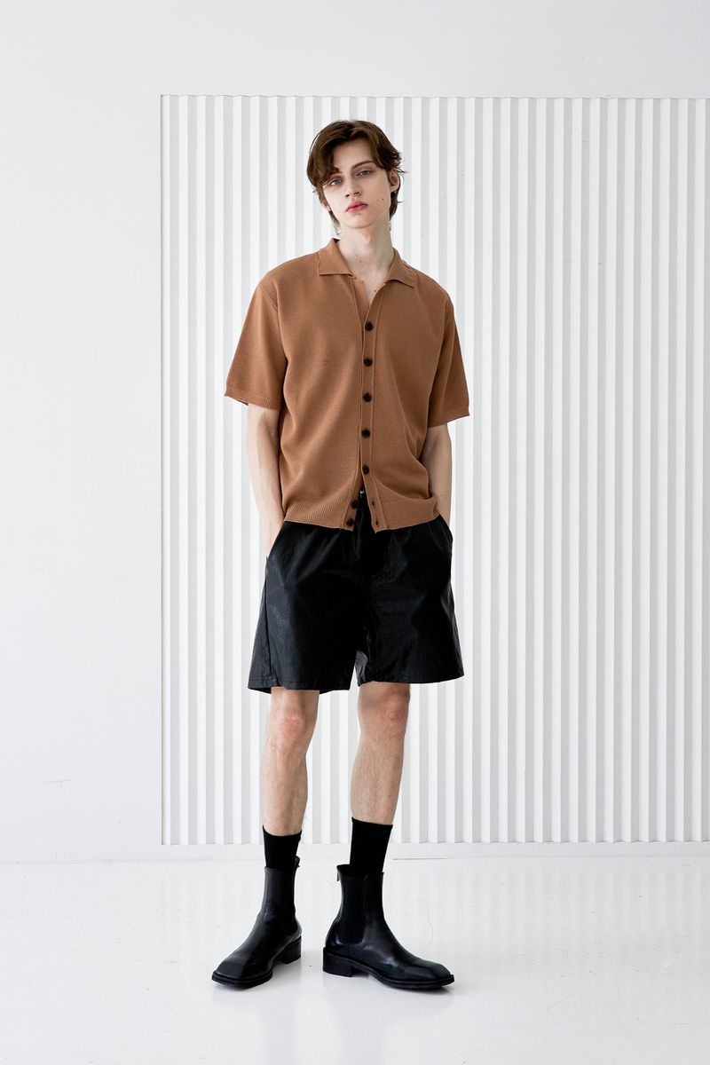 BUTTON UP HALF SLEEVE PIQUE CARDIGAN BROWN