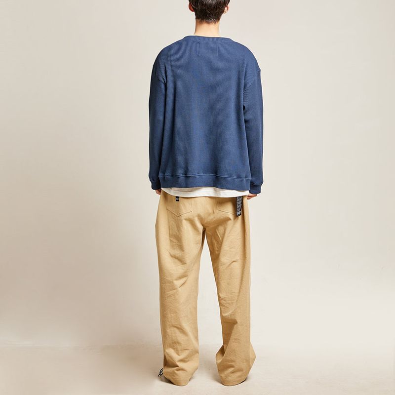 DAMP ROUND-NECK WAFFLE CARDIGAN_NAVY