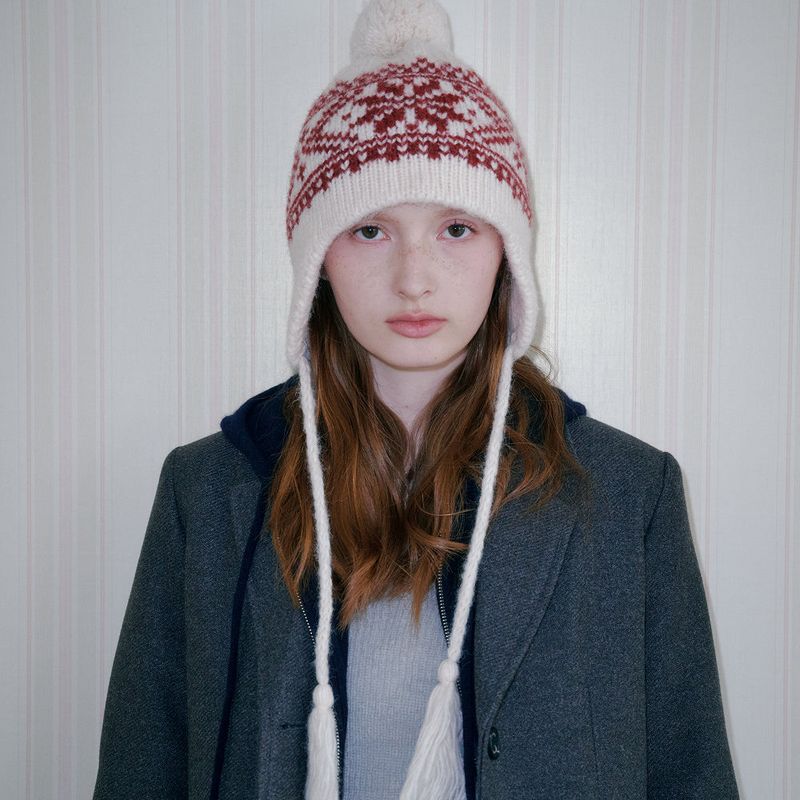 Snowflake Jacquard Earflap Beanie (Ivory)