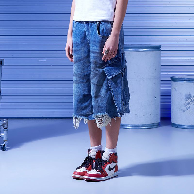 Dirty wide bermuda pants_Denim blue