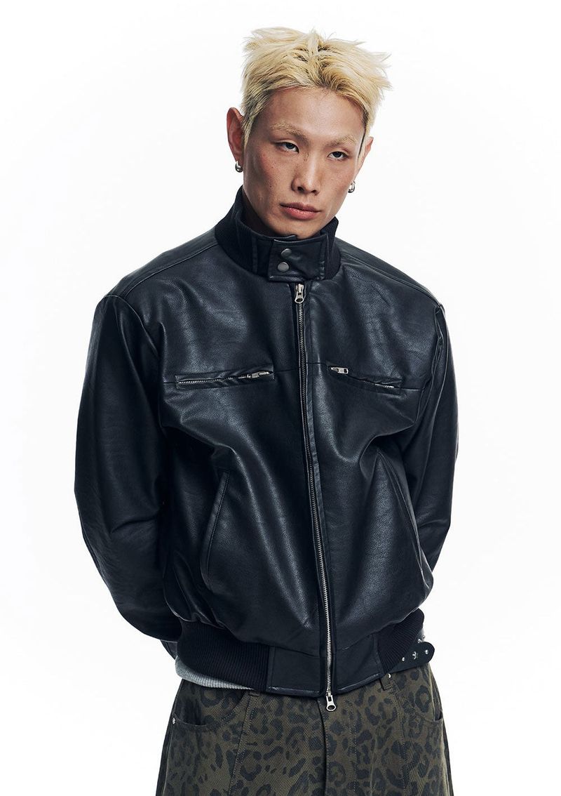 High Neck Leather Crop Jacket - Black