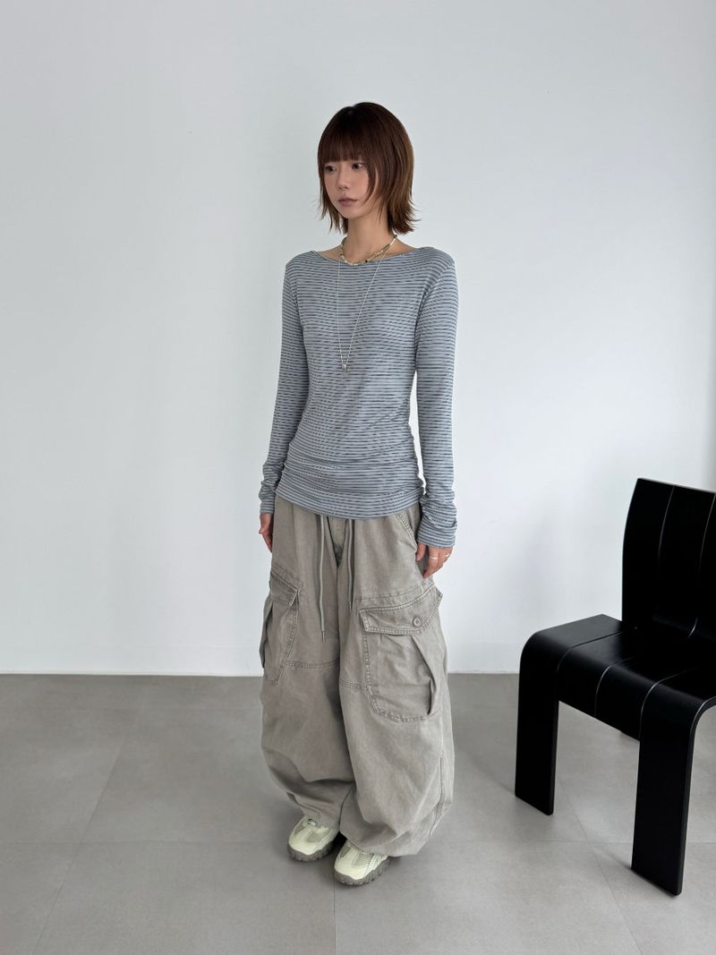 [prts made] soft touch boat-neck long sleeve T-shirts (blue stripe)