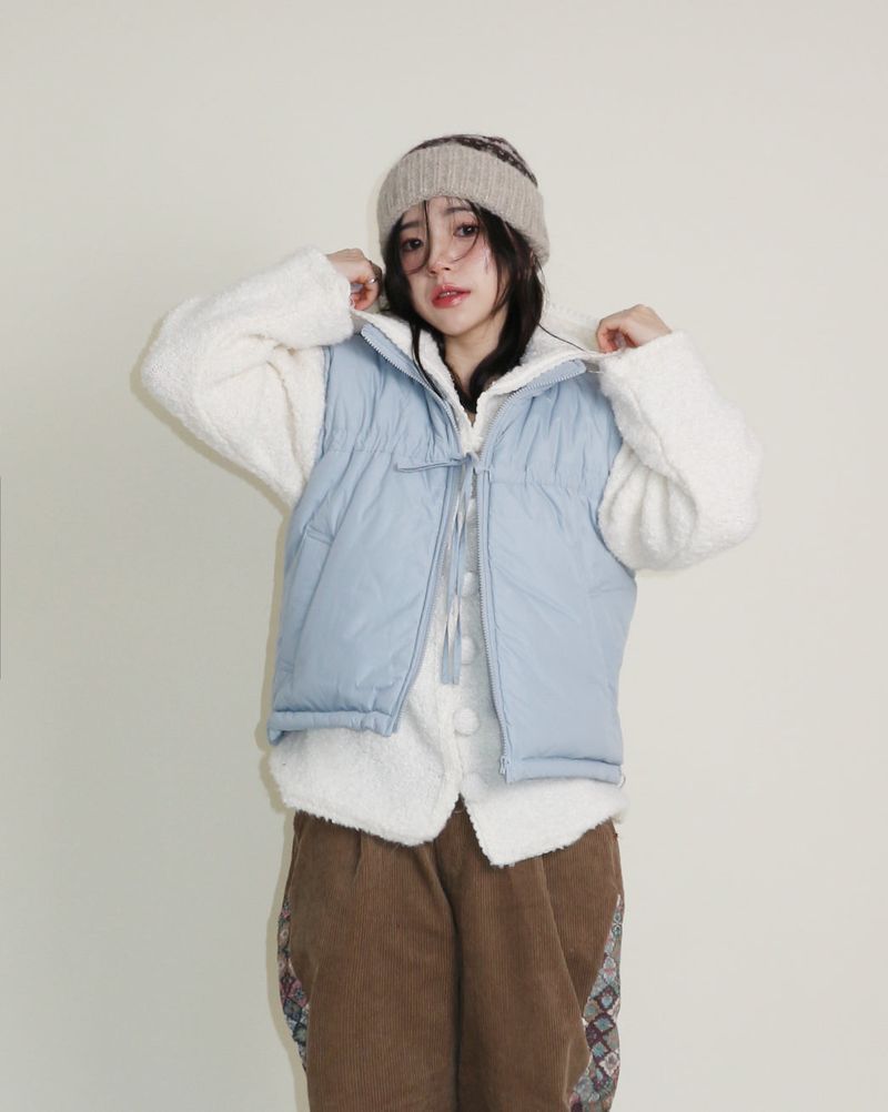 Teddy Ribbon Knot High Neck Cropped Padded Vest (6 ounces)