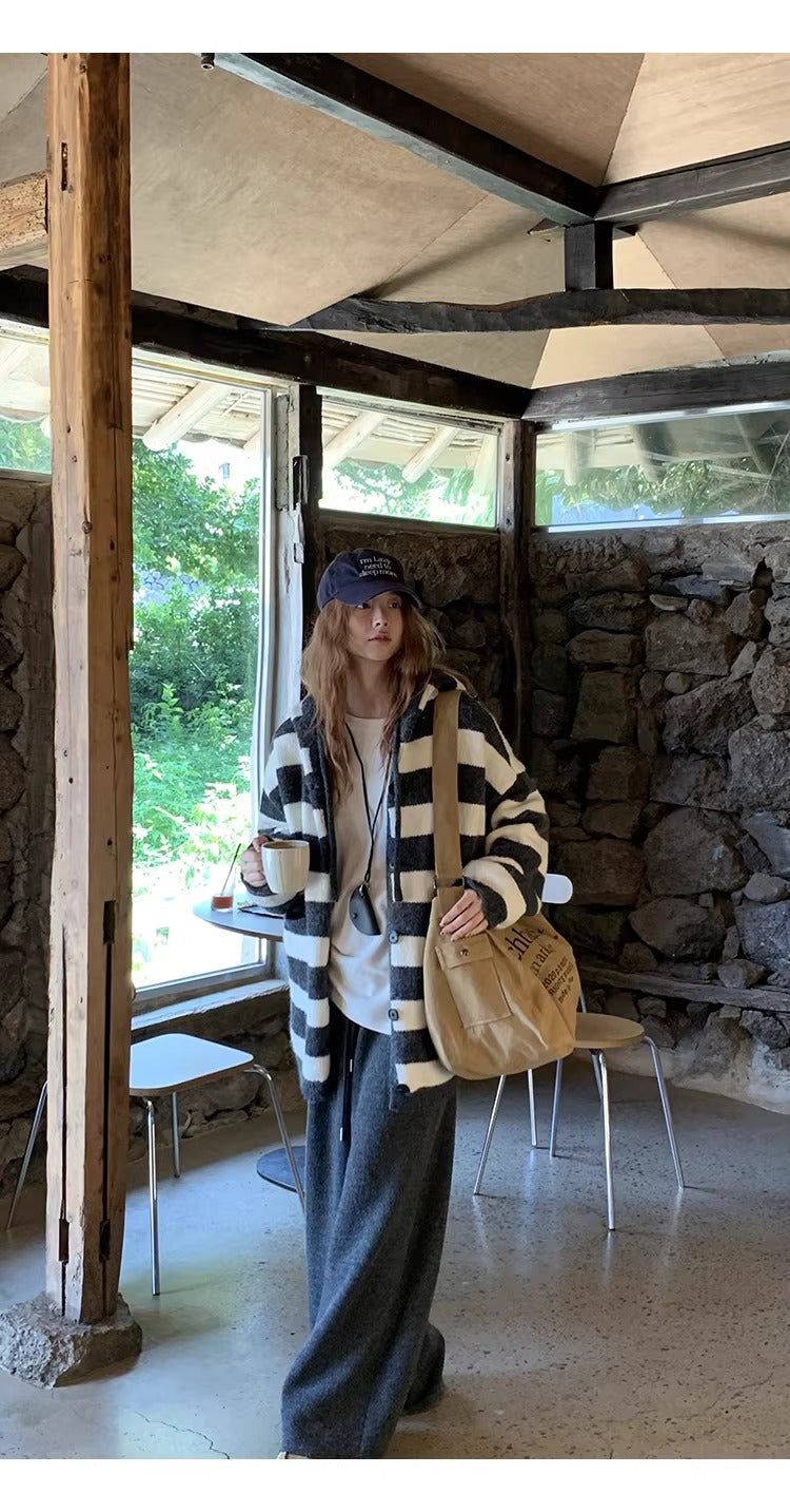 wool knit striped hooded over cardigan