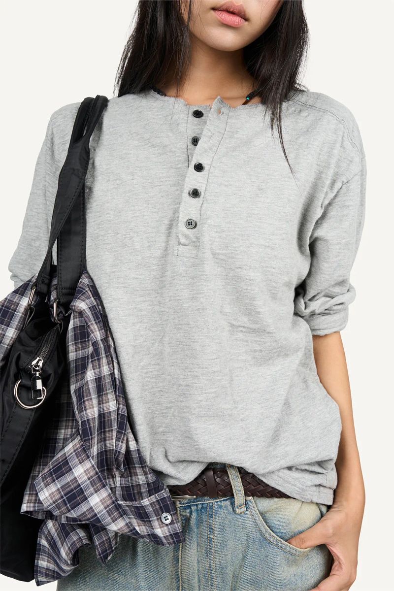 Henley neck slub cotton long sleeve