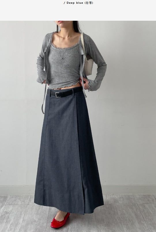 Deep Slit Wrap Denim Long Skirt