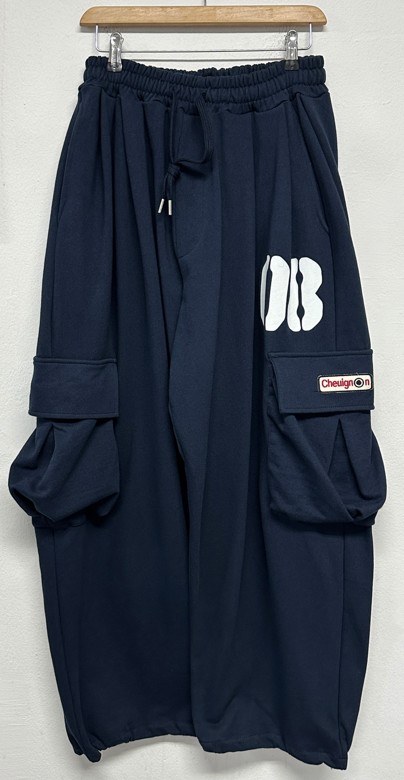 NUMBERING PATCH SWEAT BALLOON LOOSE WIDE CARGO PANTS 🩵🩶🖤 - 3 COLORS