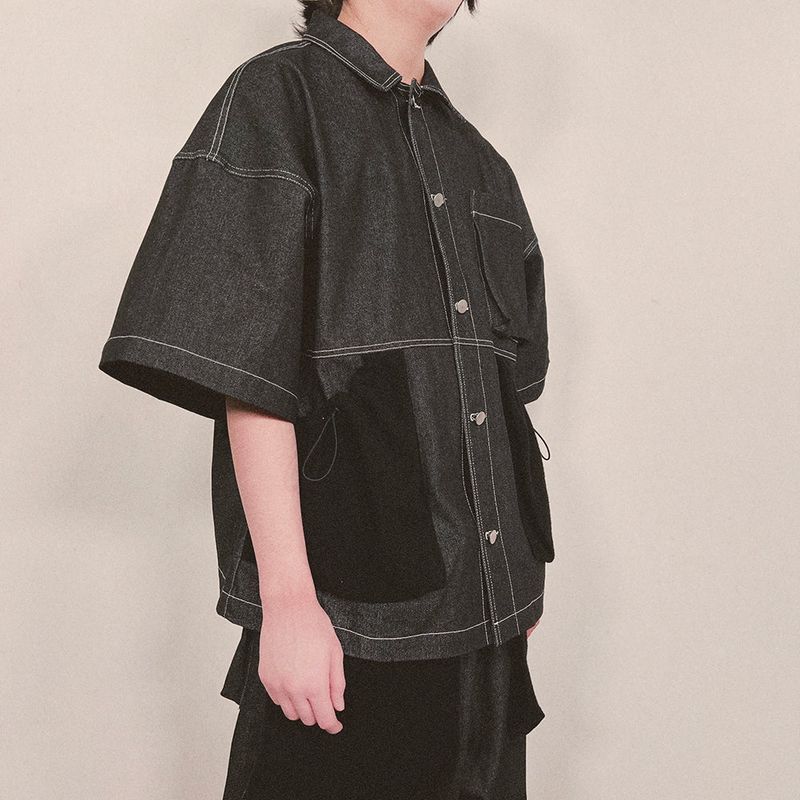 reverse terry pocket denim shortsleeve shirt_black