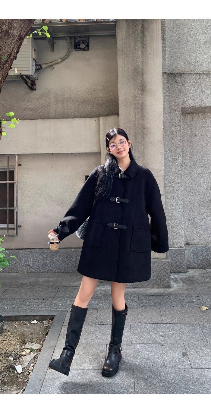 wool black collar buckle half coat
