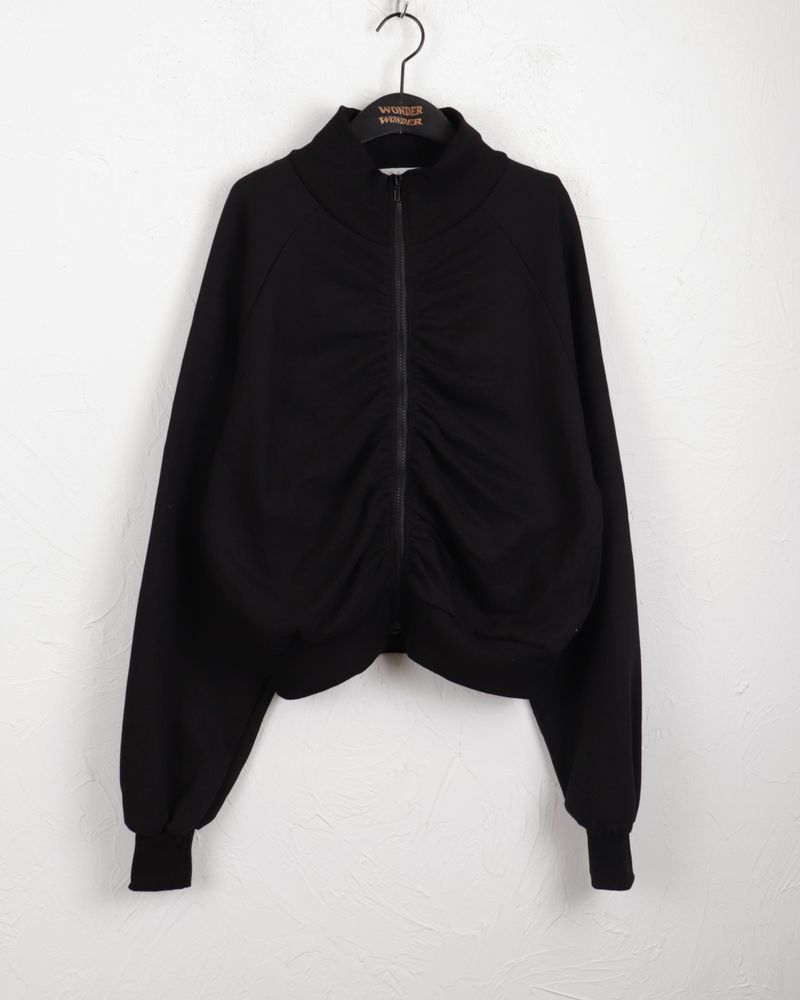 Fringe shirring pleated high neck zip-up