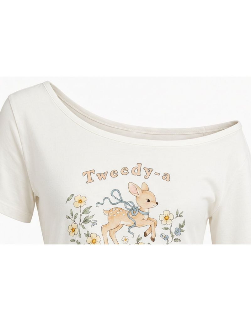 ダイアサマーヴィンテージグラフィックシャーリングワンショルダーTシャツ アイボリー