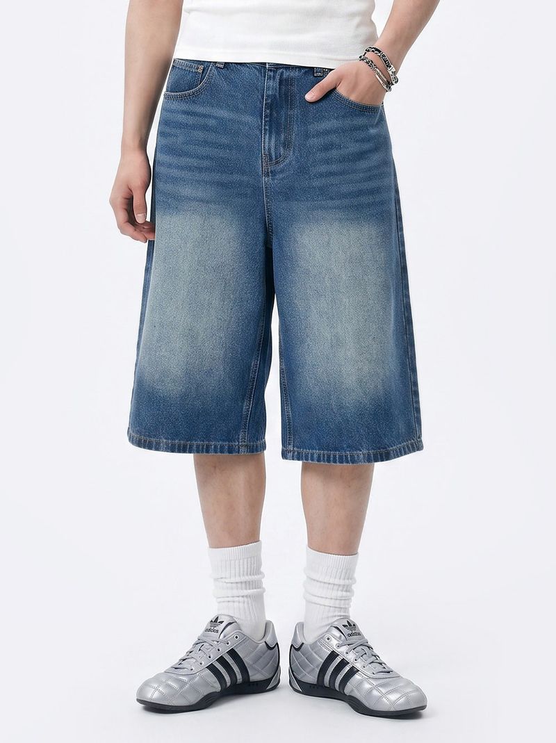 basic washing bermuda denim pants (deep blue)