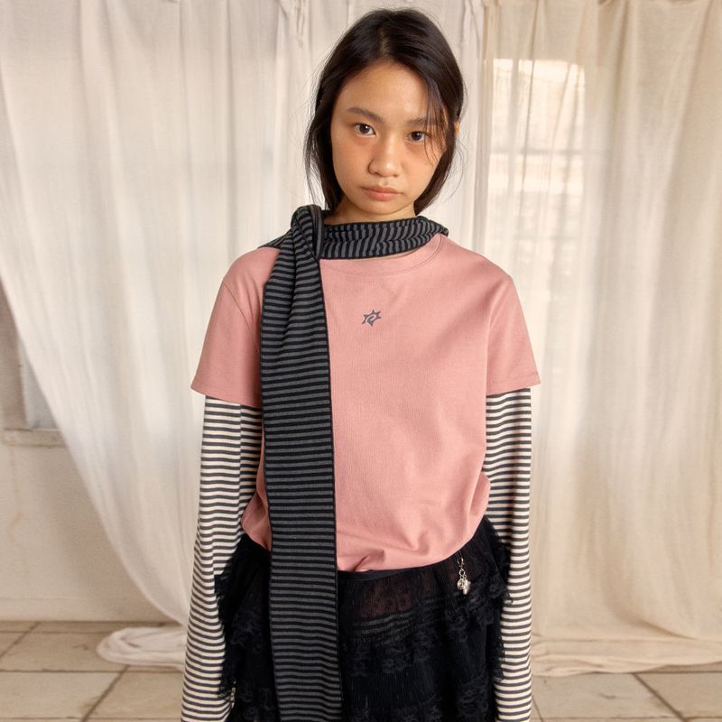 Sunlit（サンリット）の「LOGO LAYERED STRIPE TEE (DUSTY PINK)（Tops）」