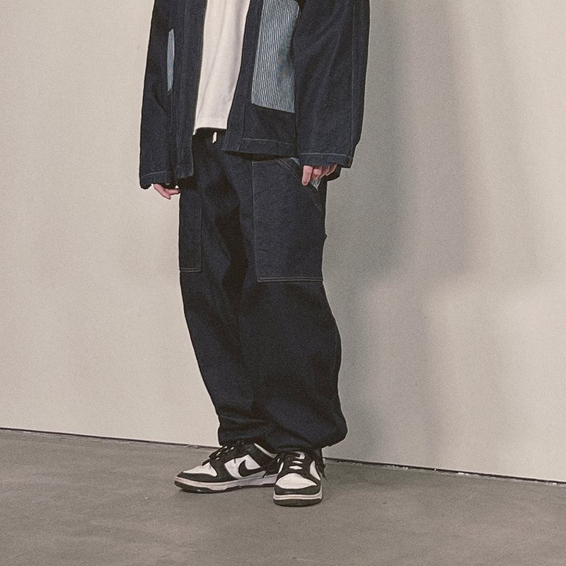 stripe patch denim pants_blue