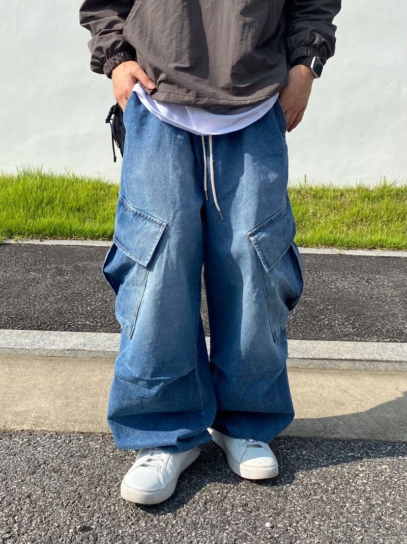 diagonal Washing balloon cargo denim pants 2C