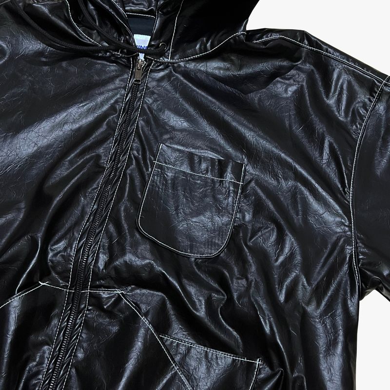glossy faux leather hood zip-up hoodie_black