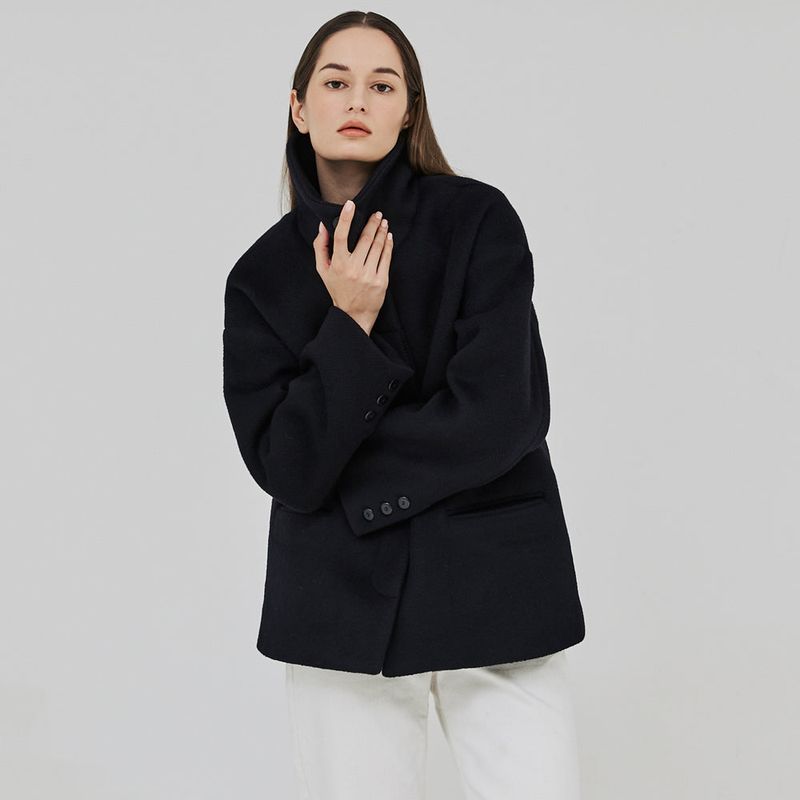 HERRINGBONE HIGH-NECK HALF COAT (NAVY)