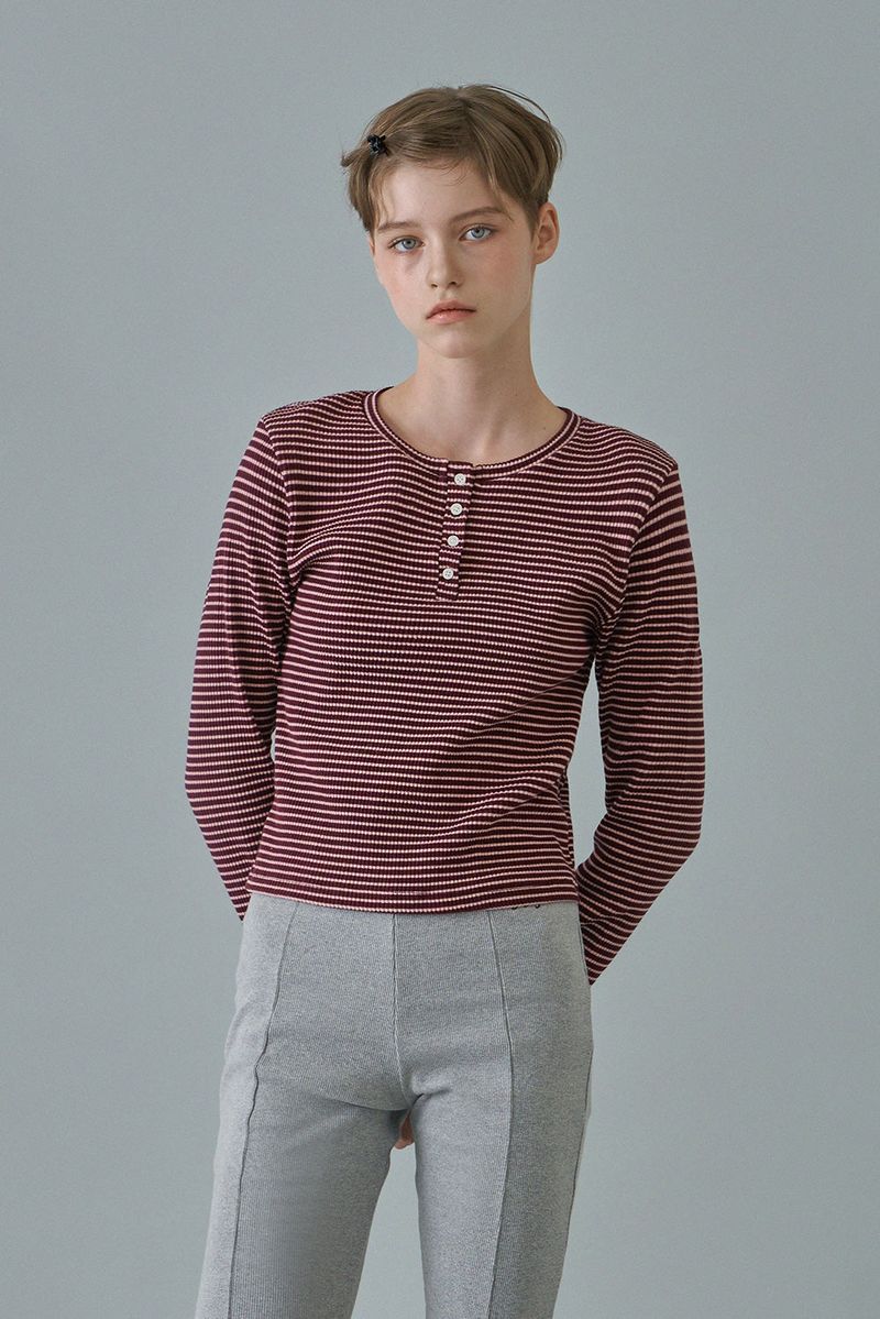 WITHOUTSUMMER（ウィズアウトサマー）の「Stripe button t-shirt_wine（Tops）」