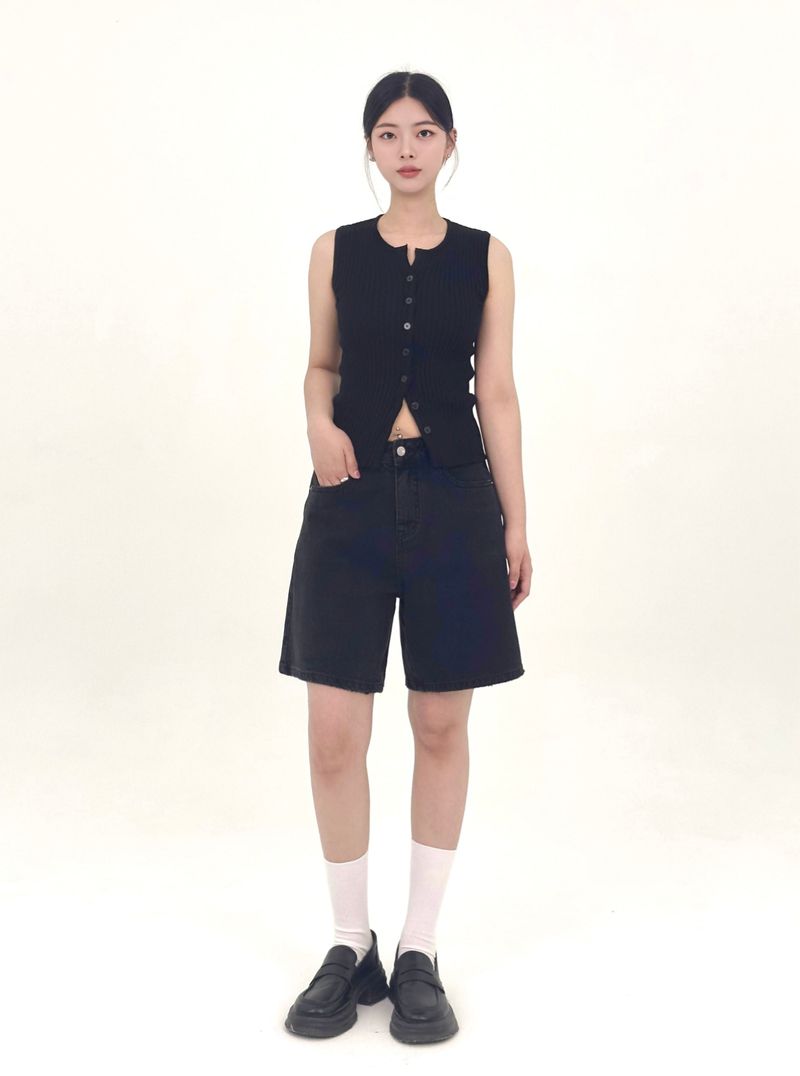  3RD REORDER HIP POCKET EMBROIDERY BLACK DENIM SHORTS LONG VERSION code 25106