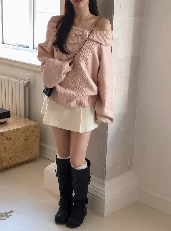Present Ribbon Twist Loose Off Shoulder Knit (4color)