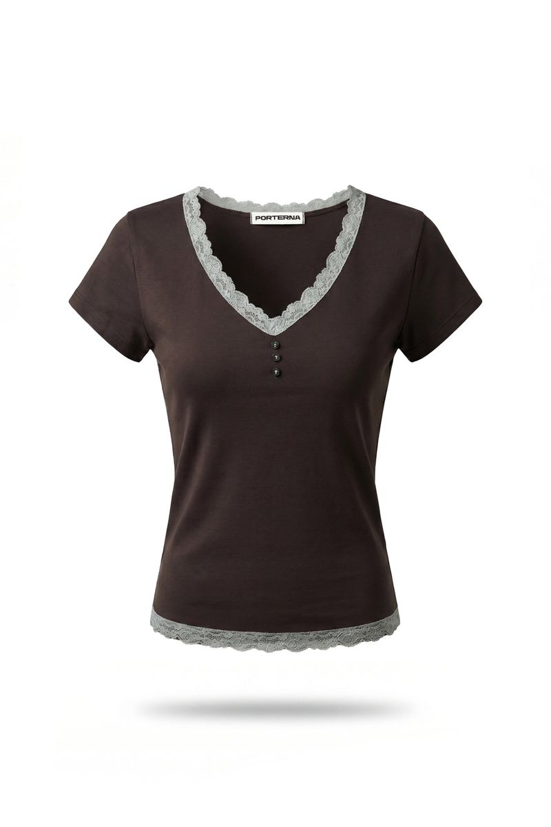 26SS★ [SET] LACE TRIM V-NECK T-SHIRT+SKIRT