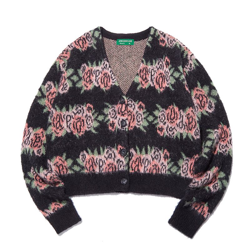 Flower Pattern Crop Cardigan_Black