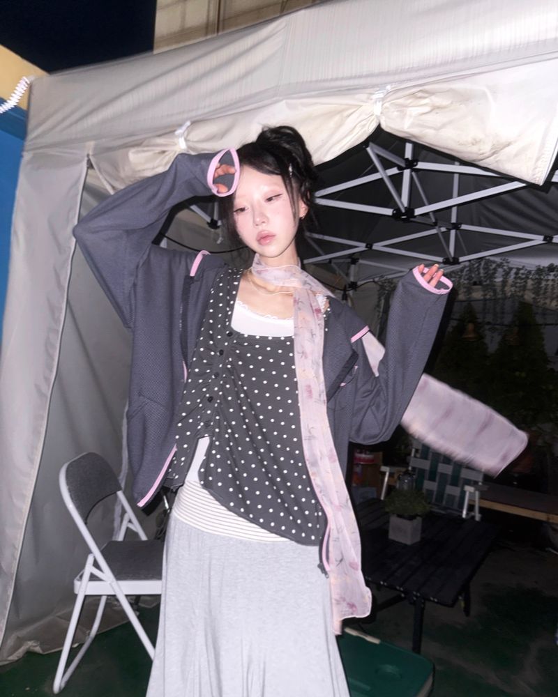 (2color) Piping Mesh Hood Zip-Up