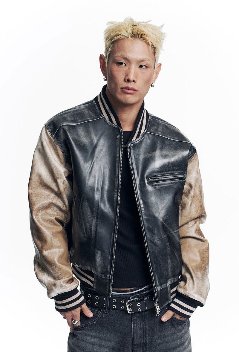 Dirty Washed Leather Varsity Jacket - Black