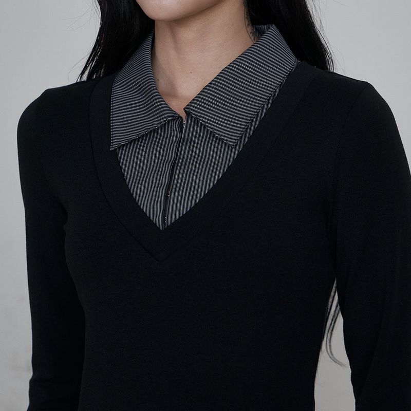 C HOOK OPEN SHIRT LAYERED TOP_BLACK