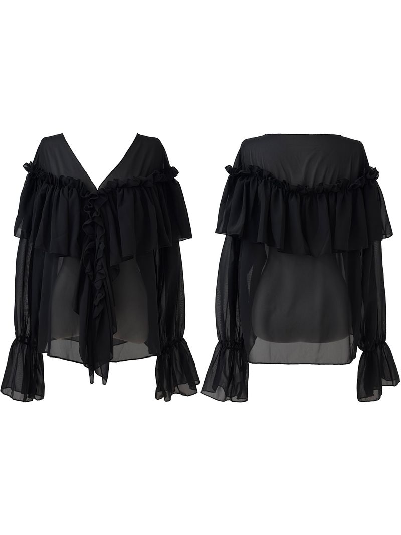 chiffon ruffle v-neck sheer blouse (2color)