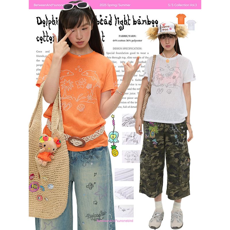 BETWEENAND Summer Dolphin Embossed Beaded Lightweight Bamboo Cotton Short-Sleeve T-Shirt, Regular Shoulder, Slim-Fit, Illustrated, Breathable Top