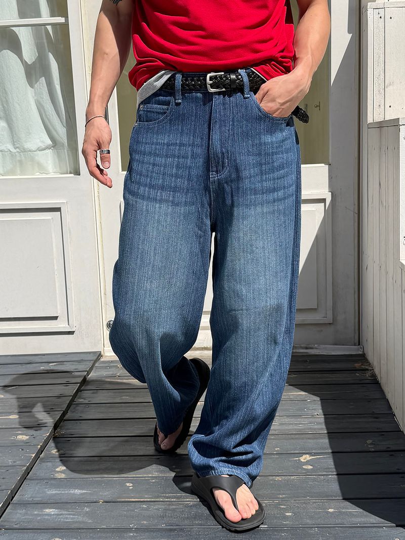 Washed stripe wide denim pants(3color)