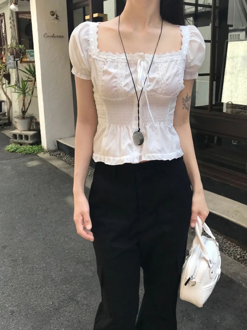 Romy Square Lace Ribbon Puff Smoke Blouse