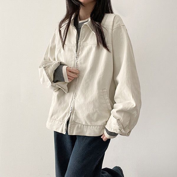 Rentto Basic Collar Zipper Loose Fit Cotton Jacket