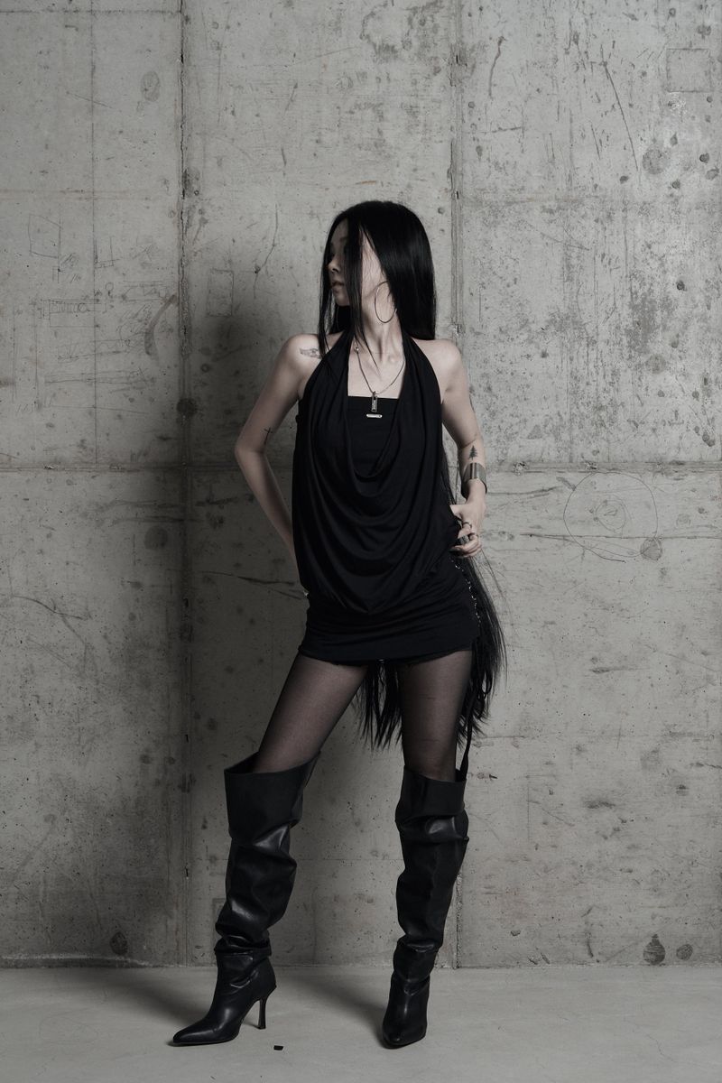 [label] cowl-neck side lace-up one-piece BLACK