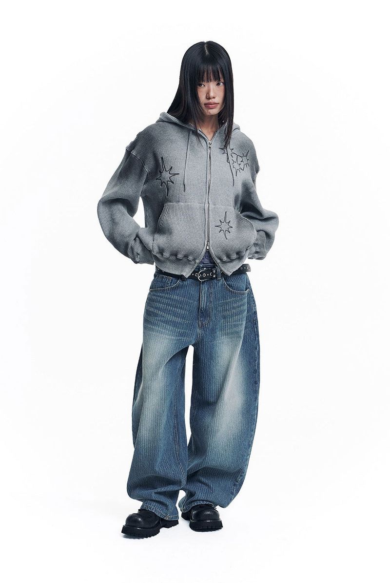 Washed Star Waffle Hooded Zip-Up - Grey